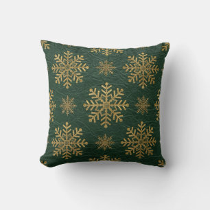 Coussin Cuir Vert Travailé avec des Flocons de Neige Dorés
