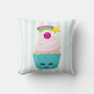 Coussin Cupcake bleu mignon avec visage Kawaii