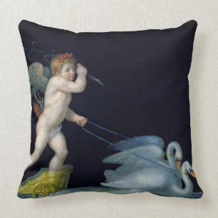 Coussin Cupidon mené par une paire de cygnes (huile sur l
