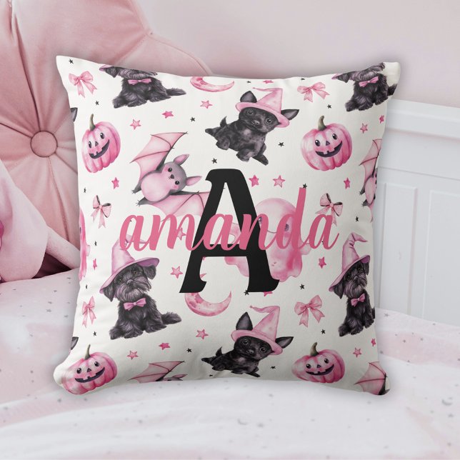 Coussin Custom Cute Pink Halloween Pattern With Black Dogs (Custom Cute Pink Halloween Pattern With Black Dogs Throw Pillow)
