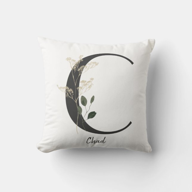 Coussin Custom Initial C Noir et blanc avec fleur sauvage (Recto)
