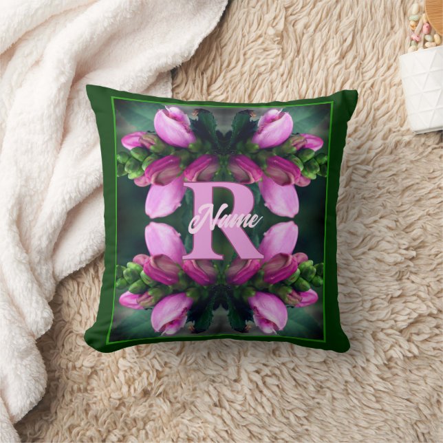 Coussin Custom Monogram Initial Name Pink Flower Art (Couverture)