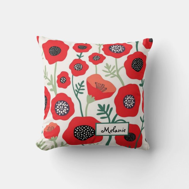 Coussin Custom name Summer poppy flowers botanical (Recto)