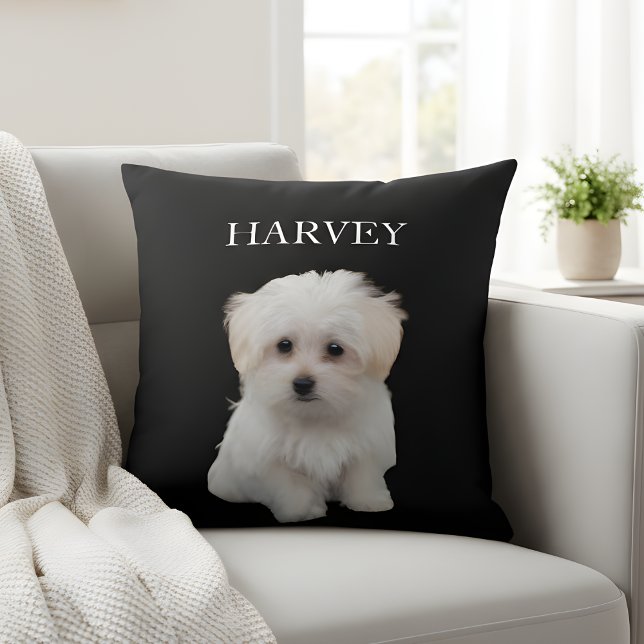 Coussin Custom Pet Photo & Name Black Throw Pillow  (Créateur téléchargé)