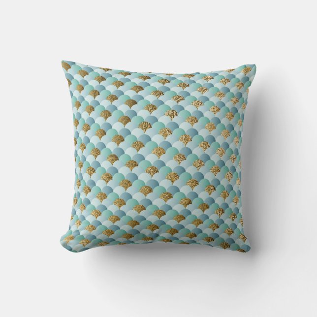 Coussin Cute Aqua Mint Gold Mermaid Scales (Recto)