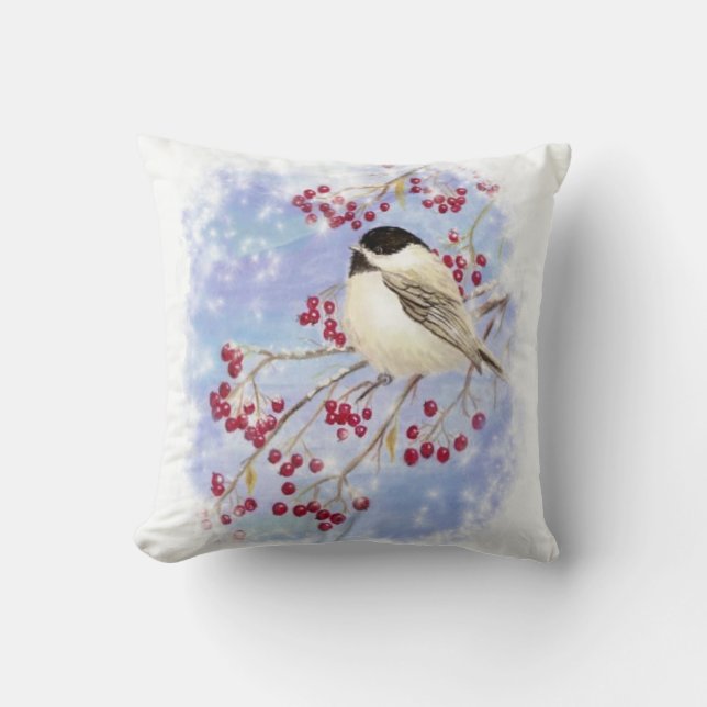 Coussin Cute Aquarelle Baies de Chickadee Scène de Neige A (Recto)