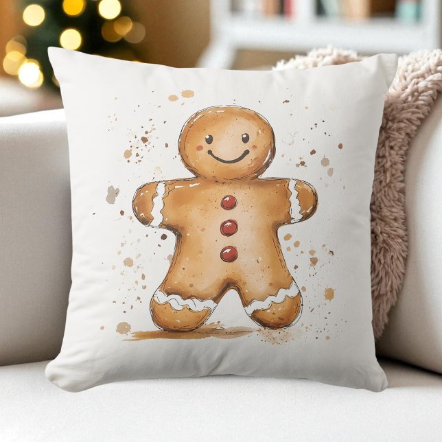 Coussin Cute Aquarelle Pain d'épice Homme Farmhouse Vacanc (Cute Watercolor Gingerbread Man Farmhouse Holiday Throw Pillow)