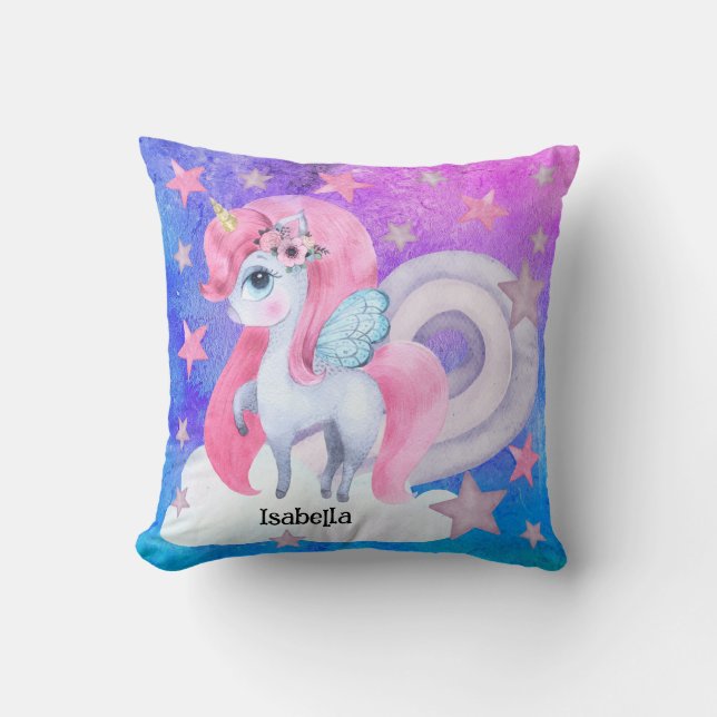 Coussin Cute aquarelle Rainbow Unicorn Personnalisé (Recto)