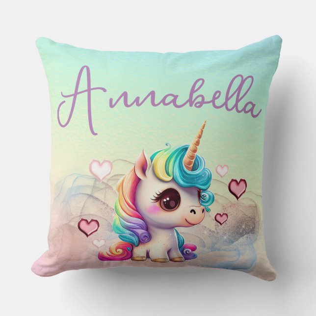 Coussin Cute Baby Unicorn et Coeurs sur Rainbow (Recto)