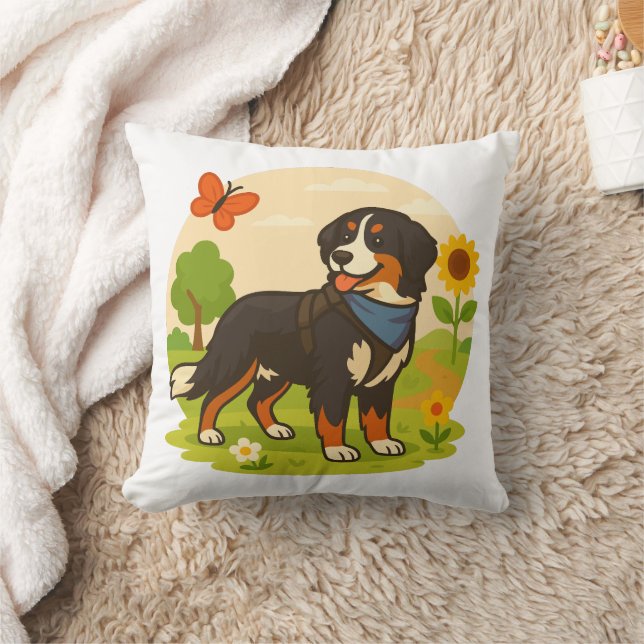 Coussin Cute Bernese Mountain Dog with Sunflower & Butterf (Couverture)