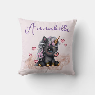 Coussin Cute Black Baby Unicorne et Coeurs