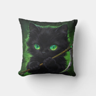 Coussin Cute Black Cat Grim Reaper Green Eyes Halloween