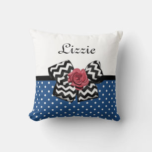 Coussin Cute Bleu Pois Rouge Rose Chevron Bow et nom