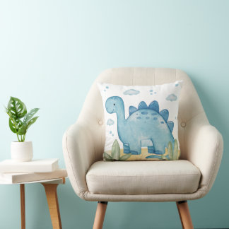 Coussin Cute Blue Dinosaur Nursery Throw Pillow Watercolor