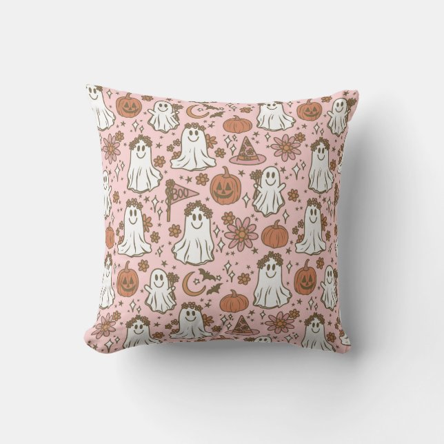 Coussin Cute Boho Halloween Fantômes Citrouille rose Flora (Recto)