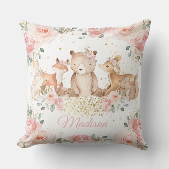 Coussin Cute Bois Animaux Blush Rose Floral Nursery  (Recto)