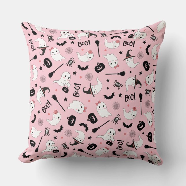Coussin Cute Boo Éffrayant Fantôme Halloween Fille Rose (Recto)