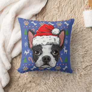 Coussin Cute Boston Terrier Ugly Christmas Sweater Santa