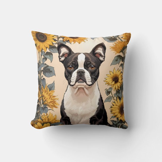 Coussin Cute Boston Terrier Yellow Sunflowers (Recto)