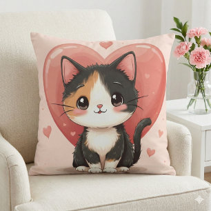 Coussin Cute Calico Cat Heart Kawaii Valentine's Art