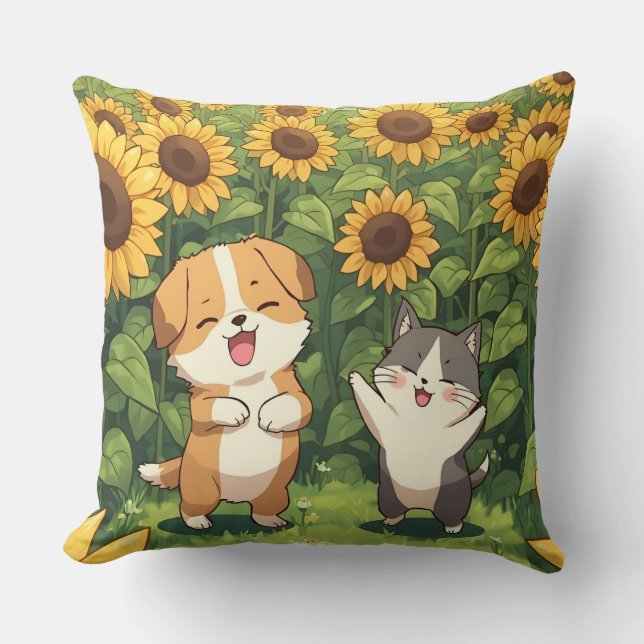Coussin Cute Cat and Dog Sunflower Throw Pillow (Recto)