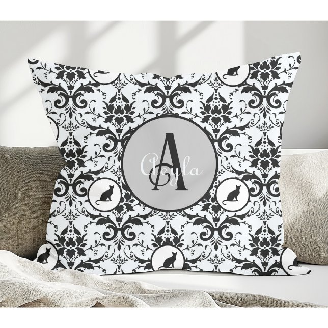 Coussin Cute Cat Damask Pois personnalisés (Créateur téléchargé)