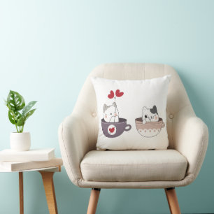 Coussin Cute Cats in Cups with Heart Balloons