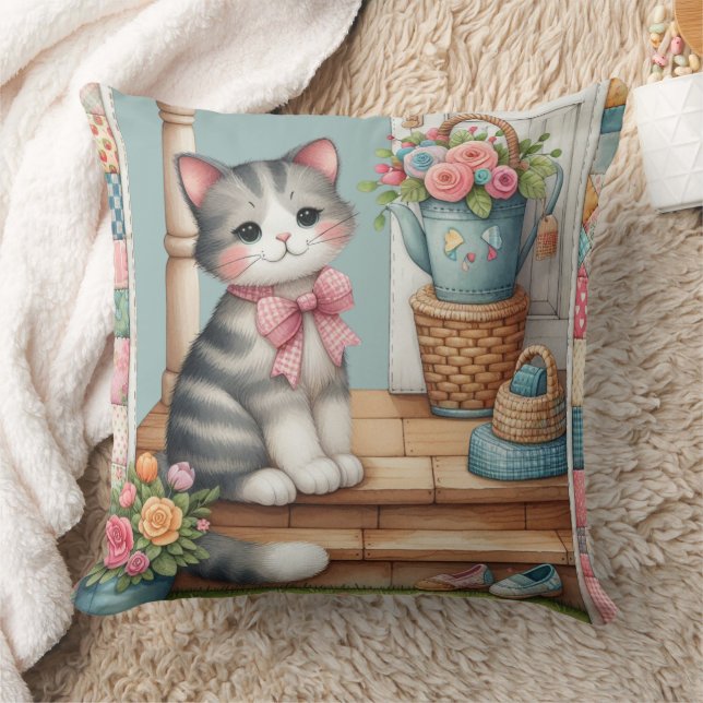 Coussin Cute Chat sur Porche avec Fleurs et Patchwork (Couverture)