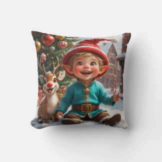 Coussin Cute Christmas Elf & Reindeer  Throw Pillow