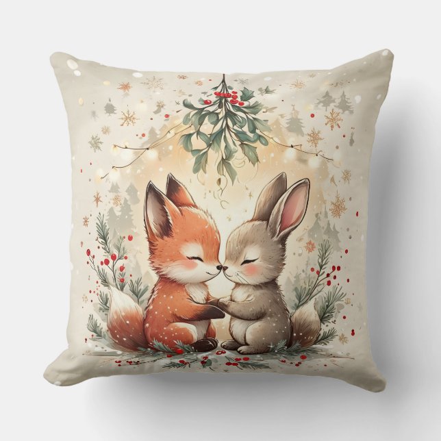 Coussin Cute Christmas Fox & Bunny Under Mistletoe Pillow (Recto)