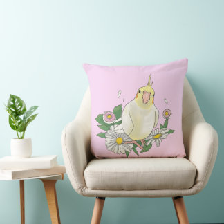 Coussin Cute Cockatiel Floral Illustration