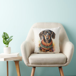 Coussin Cute Dachshund en Sweater : Aquarelle