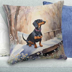 Coussin Cute Dachshund hiver Aquarelle de neige race de ch