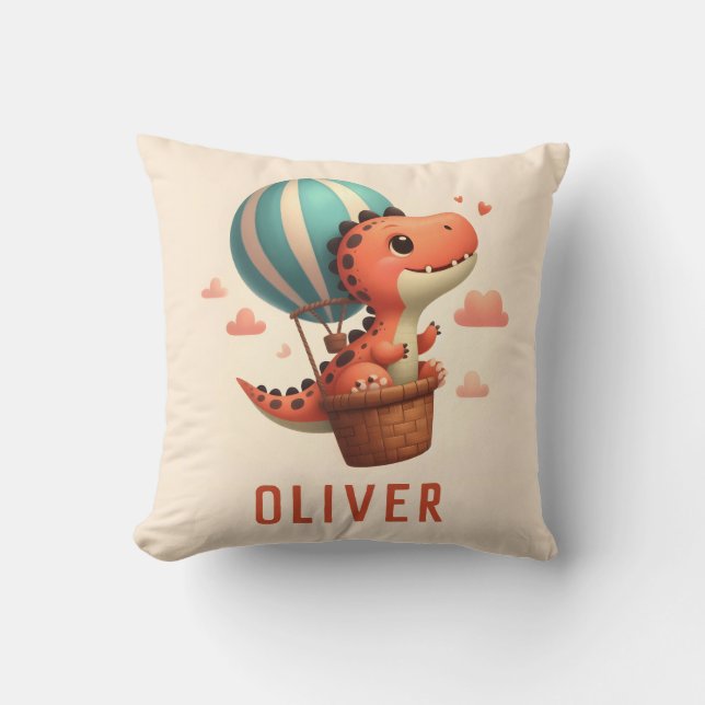 Coussin Cute Dino vole dans un ballon à air chaud (Recto)