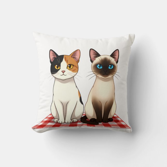 Coussin Cute Felines on Red Checkered Blanket (Recto)