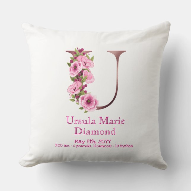 Coussin Cute Floral Rose Gold U Monogram Stats de naissanc (Recto)