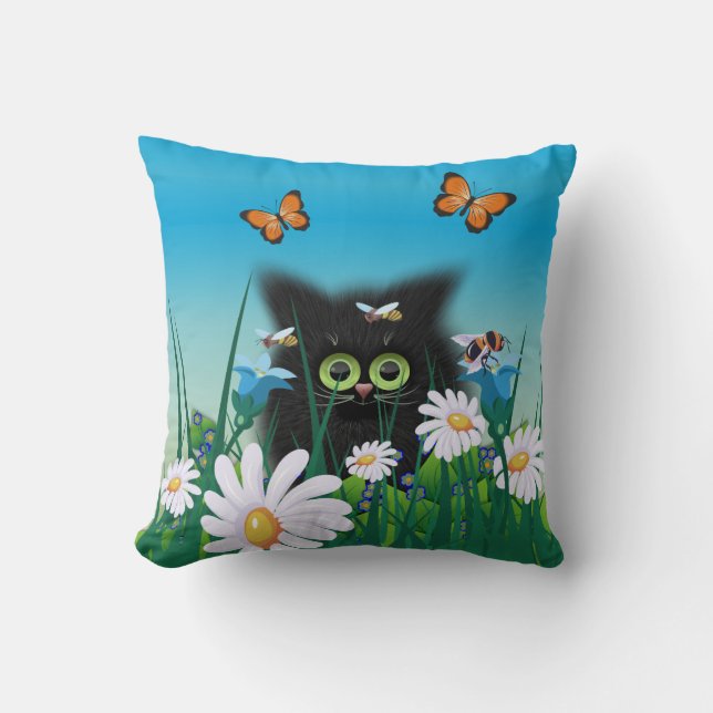 Coussin Cute Fluffy Black Kitten et Daisy Art (Recto)