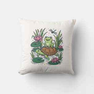 Coussin Cute Frog Riding Turtle Pond Vintage Vector Art_1