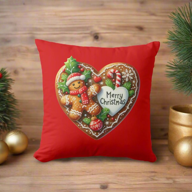 Coussin Cute Gingerbread Homme Coeur Joyeux Noël Rouge (Créateur téléchargé)