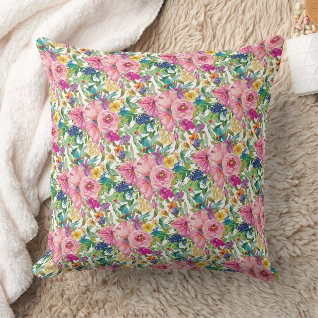 Coussin Cute Girl rose bleu bleu jaune Aquarelle Florale (Couverture)