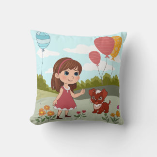Coussin Cute Girl with Dog & Balloons