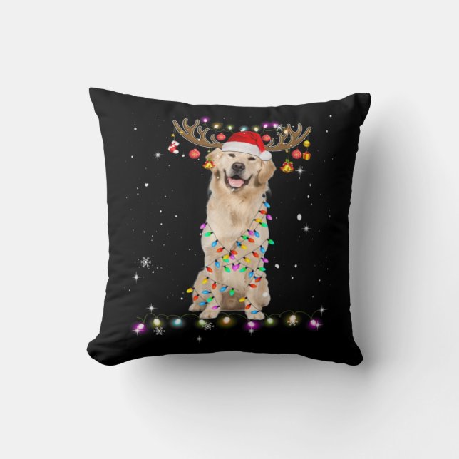 Coussin Cute Golden Retriever Christmas Lights Reindeer (Recto)