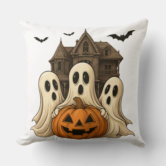 Coussin Cute Halloween Ghosts and Haunted House Design (Recto)