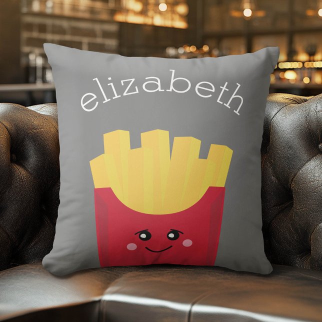 Coussin Cute Kawaii Fries françaises avec nom personnalisé (Whimsical Custom Monogram Pillow)