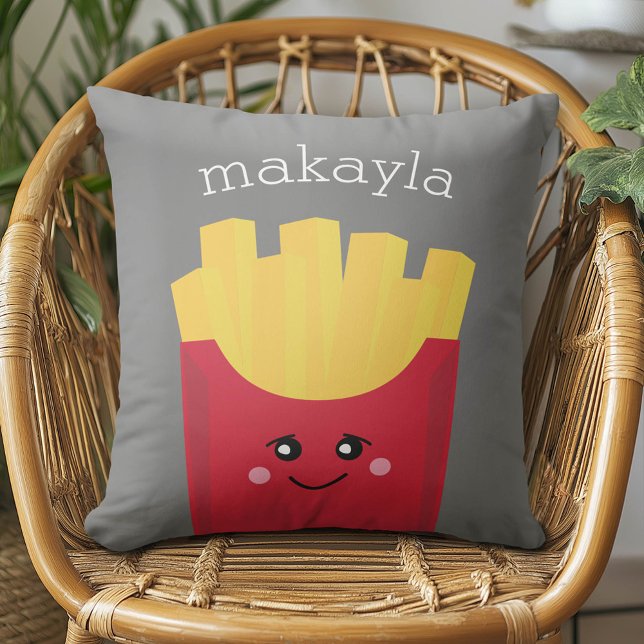 Coussin Cute Kawaii Fries françaises avec nom personnalisé (Whimsical French Fries Pillow)