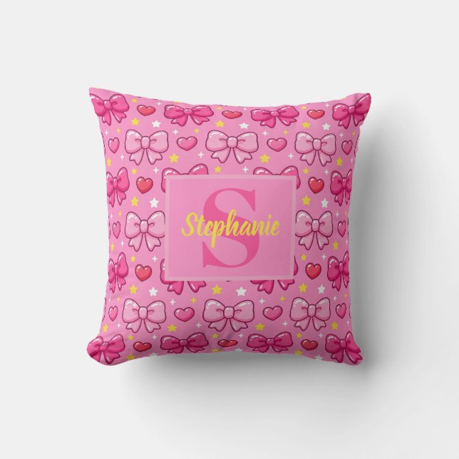 Coussin Cute Kawaii Girly Pink Bows Personalized Monogram (Recto)