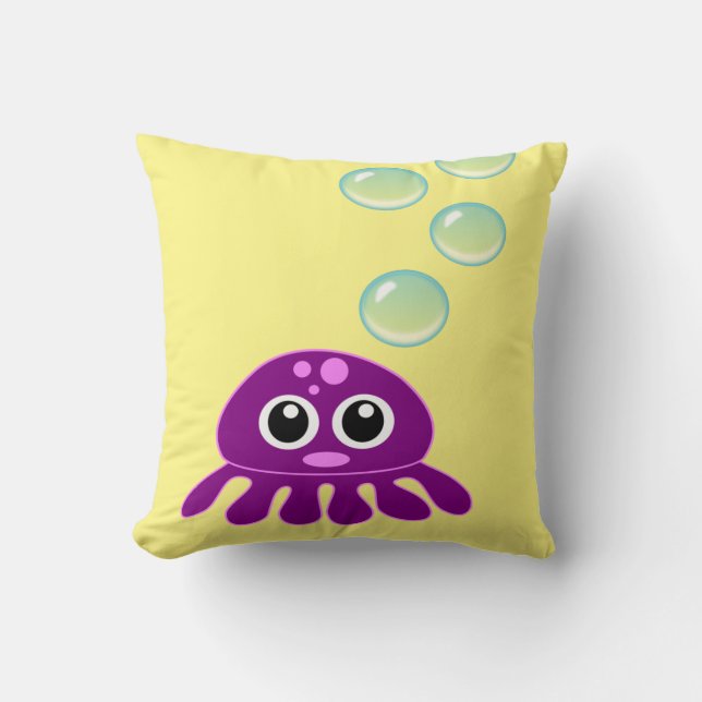 Coussin Cute Kawaii méduse violette avec des bulles bleues (Recto)