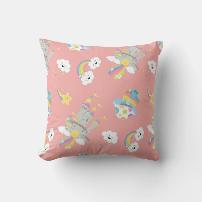 Coussin Cute Kawaii Rainbow Castle Joyeux nuages Coral (Recto)