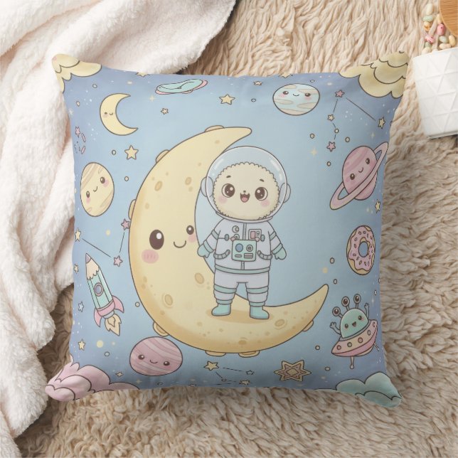Coussin Cute Kawaii Space - Astronaut and Smiling Moon (Couverture)