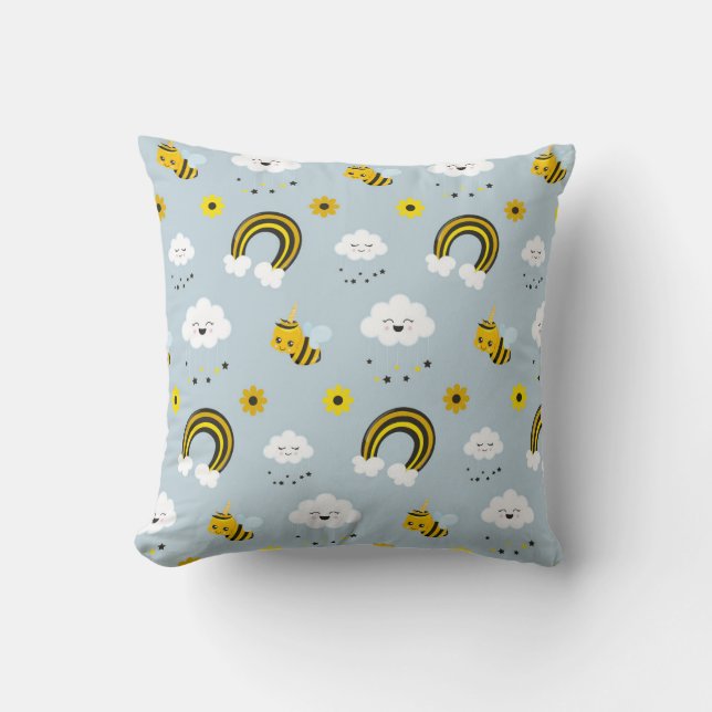 Coussin Cute Kawaii Unicorn Bees et Rainbow Grey Jaune (Recto)